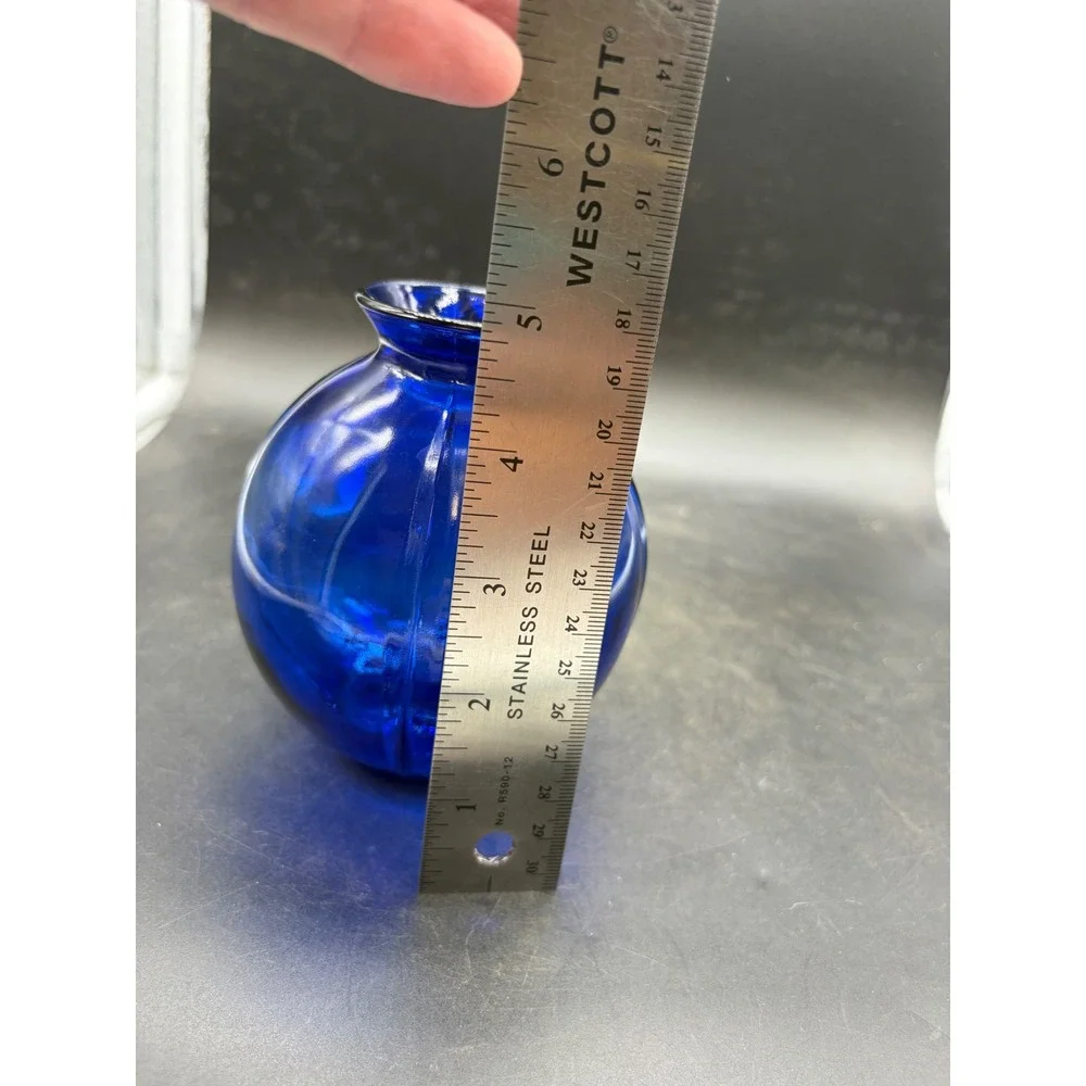 Vintage Cobalt Blue Glass Bud Vases Set of 2 Ribbed Round Optic Art Glass 4.5